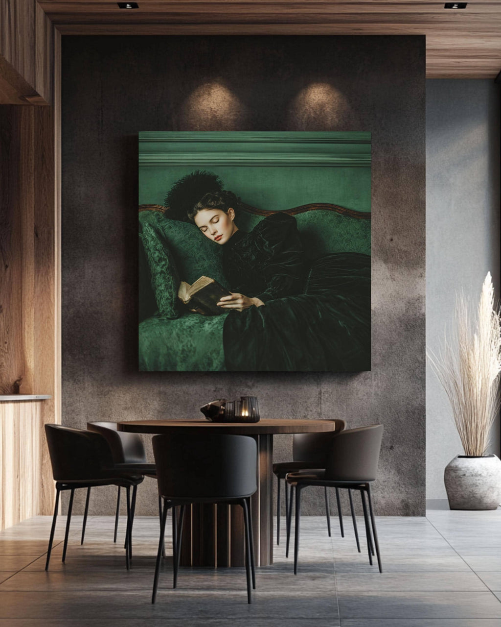 Victorian Woman Canvas Art, Elegant Reading Lady, Green Sofa Print
