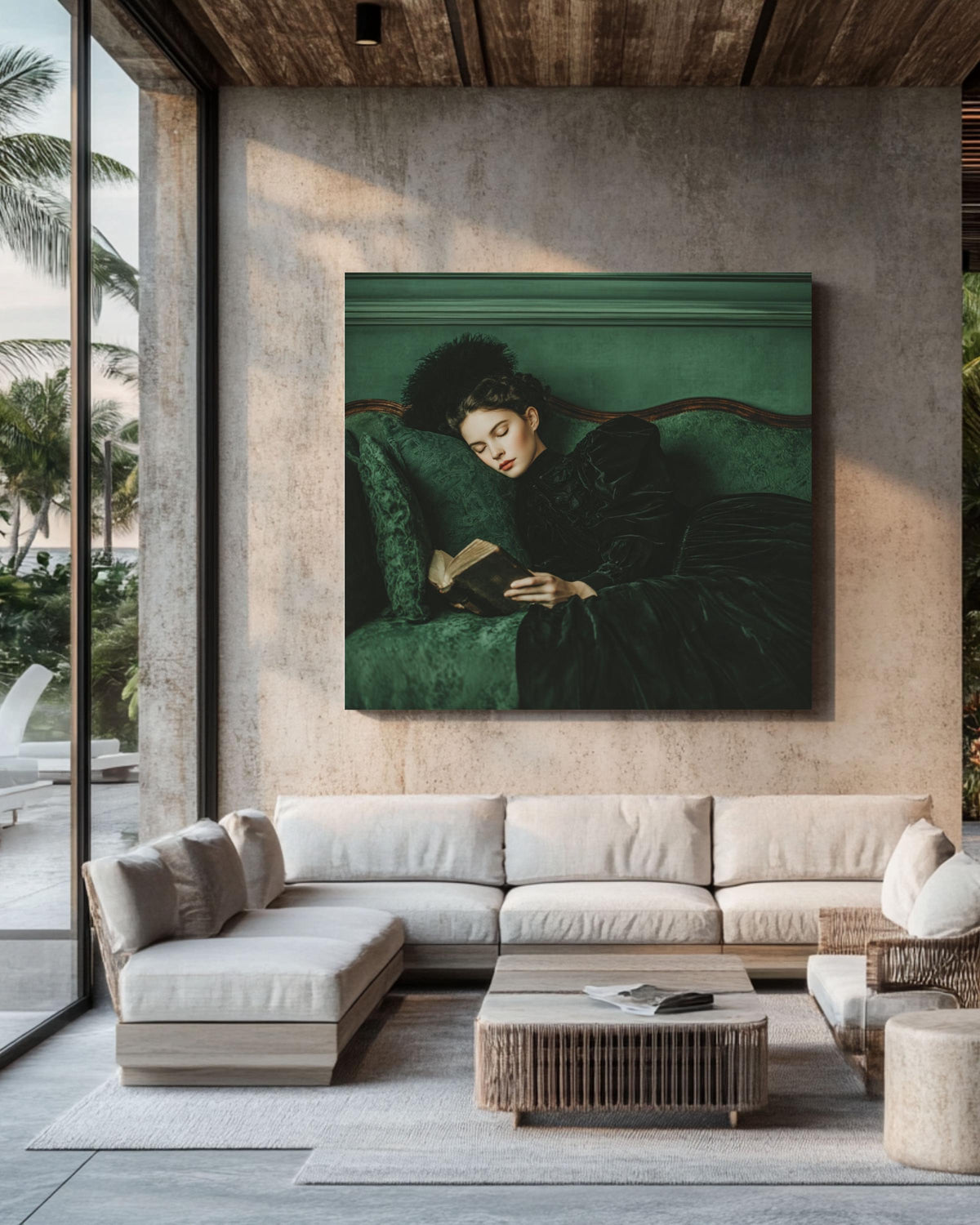 Victorian Woman Canvas Art, Elegant Reading Lady, Green Sofa Print