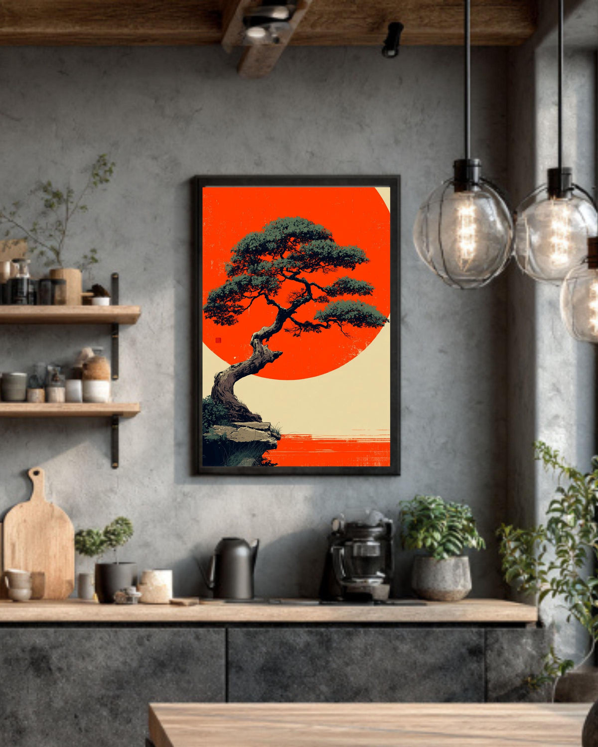 Bonsai Tree Canvas Print, Okinawa Sunset, Asian Minimalist Wall Art