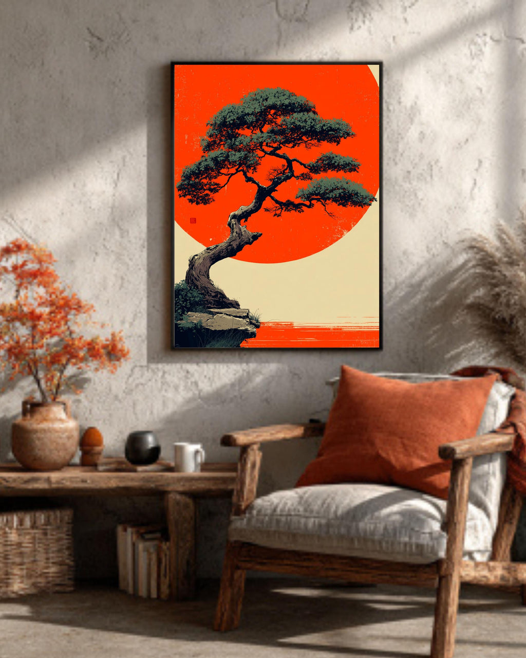 Bonsai Tree Canvas Print, Okinawa Sunset, Asian Minimalist Wall Art