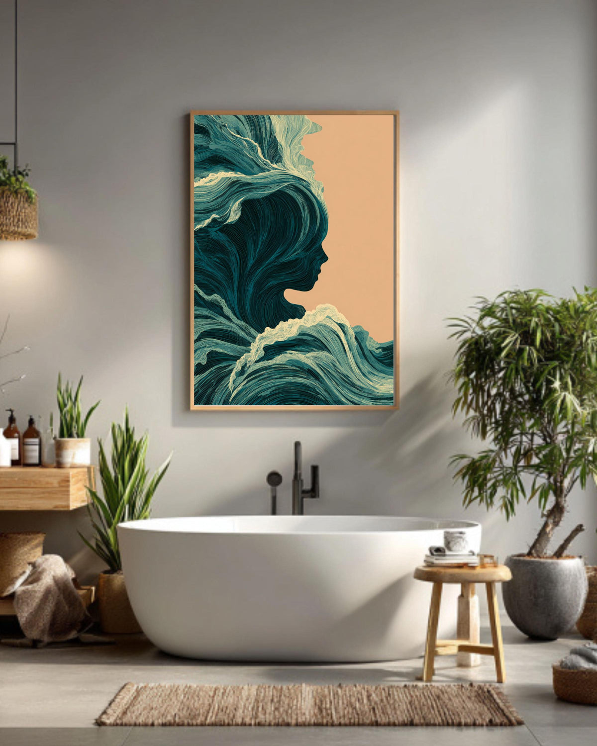 Abstract Ocean Waves Canvas, Feminine Silhouette, Coastal Home Decor