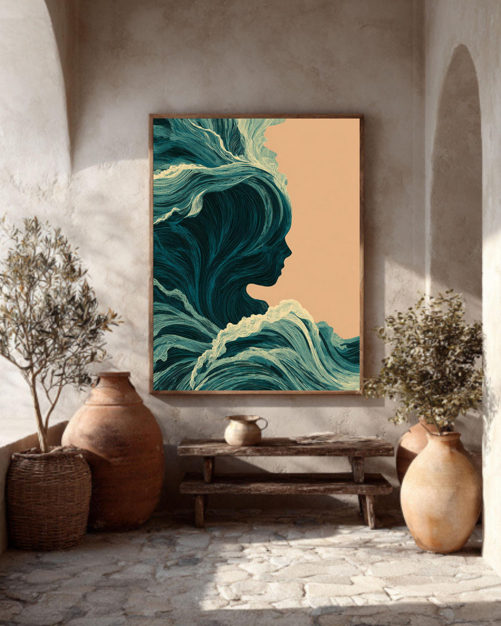 Abstract Ocean Waves Canvas, Feminine Silhouette, Coastal Home Decor