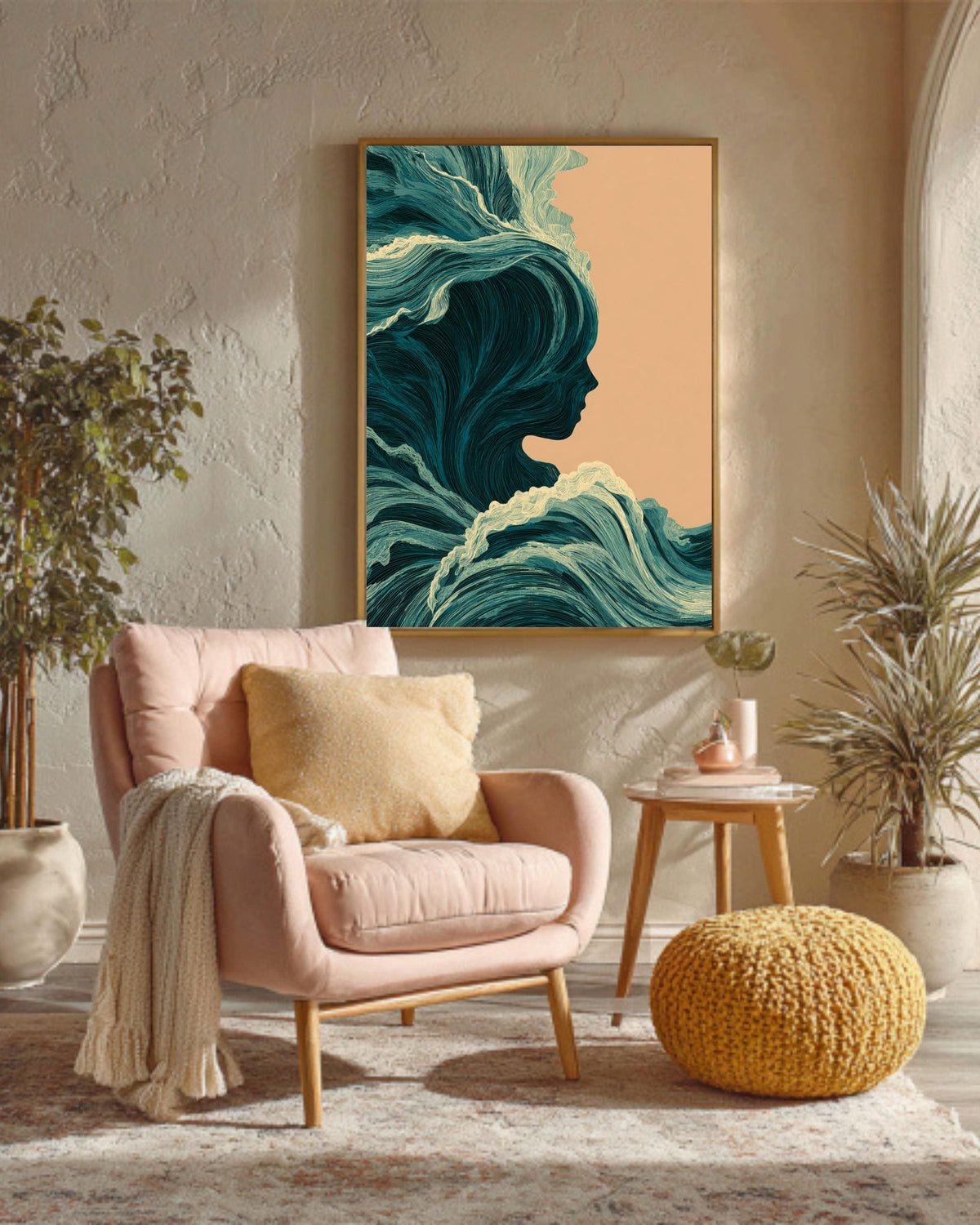 Abstract Ocean Waves Canvas, Feminine Silhouette, Coastal Home Decor