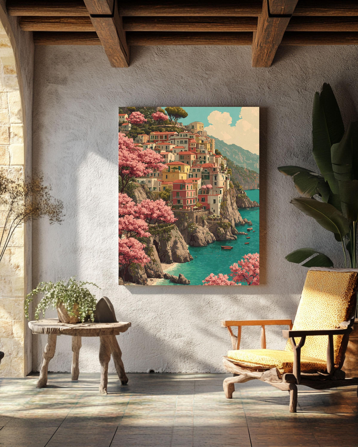 Amalfi Coast Canvas Wall Art, Italian Seaside Painting