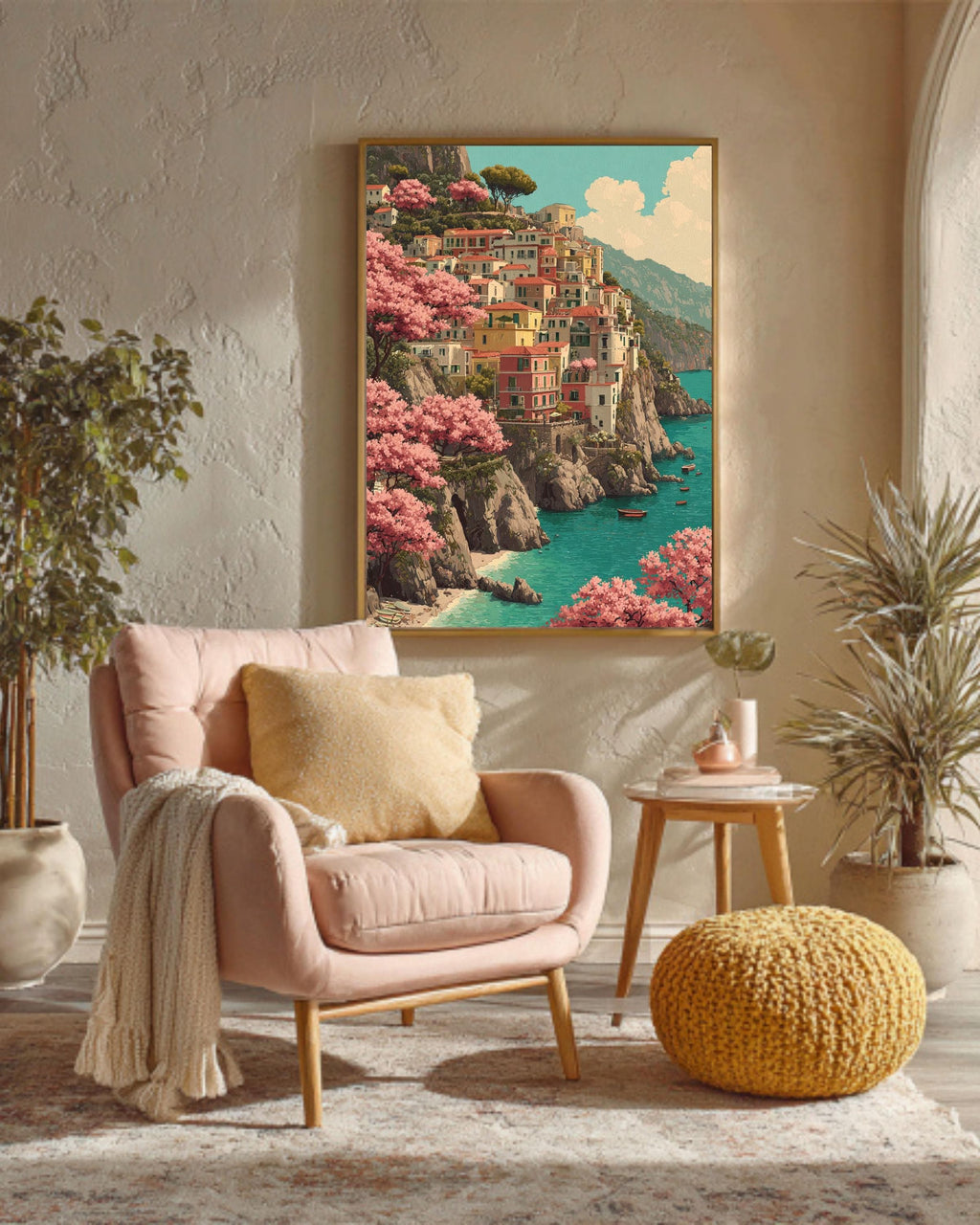 Amalfi Coast Canvas Wall Art, Italian Seaside Painting
