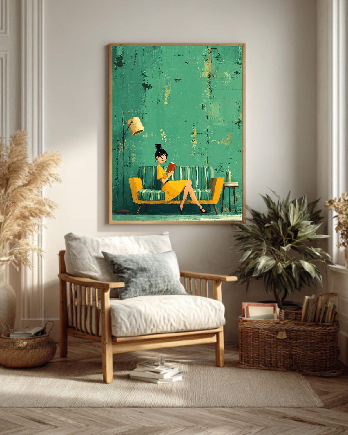 Emerald Green Reading Woman Art Print: Abstract Literary Canvas