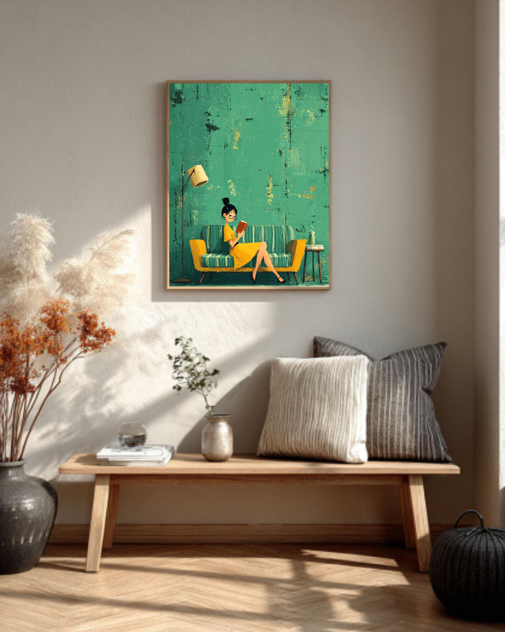 Emerald Green Reading Woman Art Print: Abstract Literary Canvas