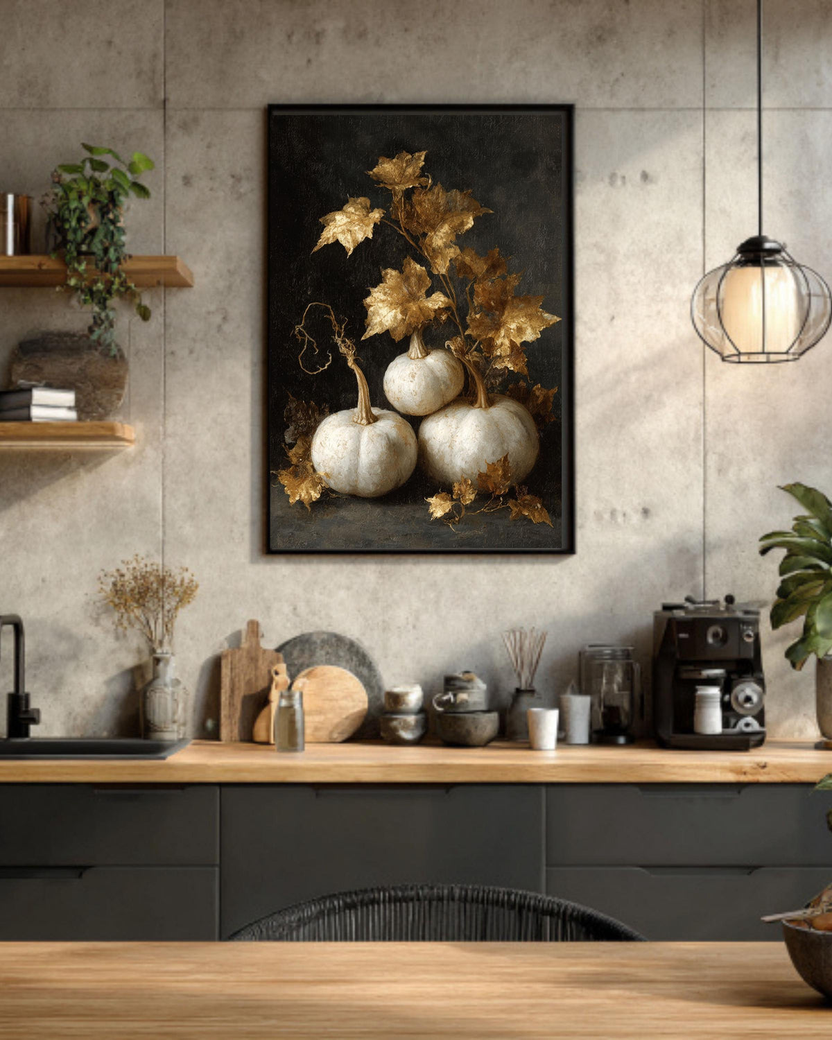 Vintage Pumpkin Painting Canvas, Neutral Fall Farmhouse Wall Art