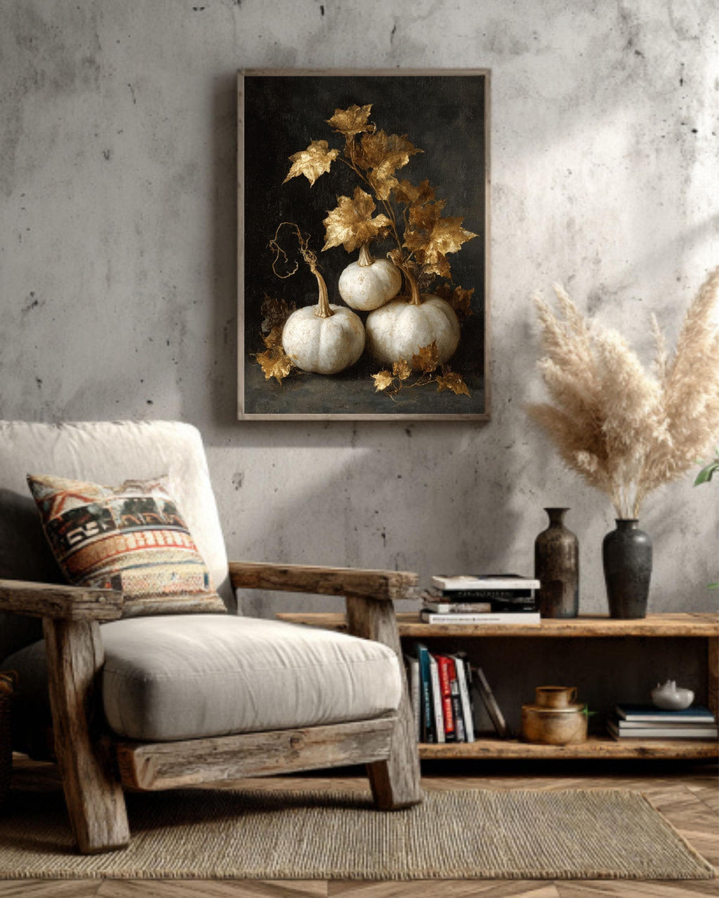Vintage Pumpkin Painting Canvas, Neutral Fall Farmhouse Wall Art