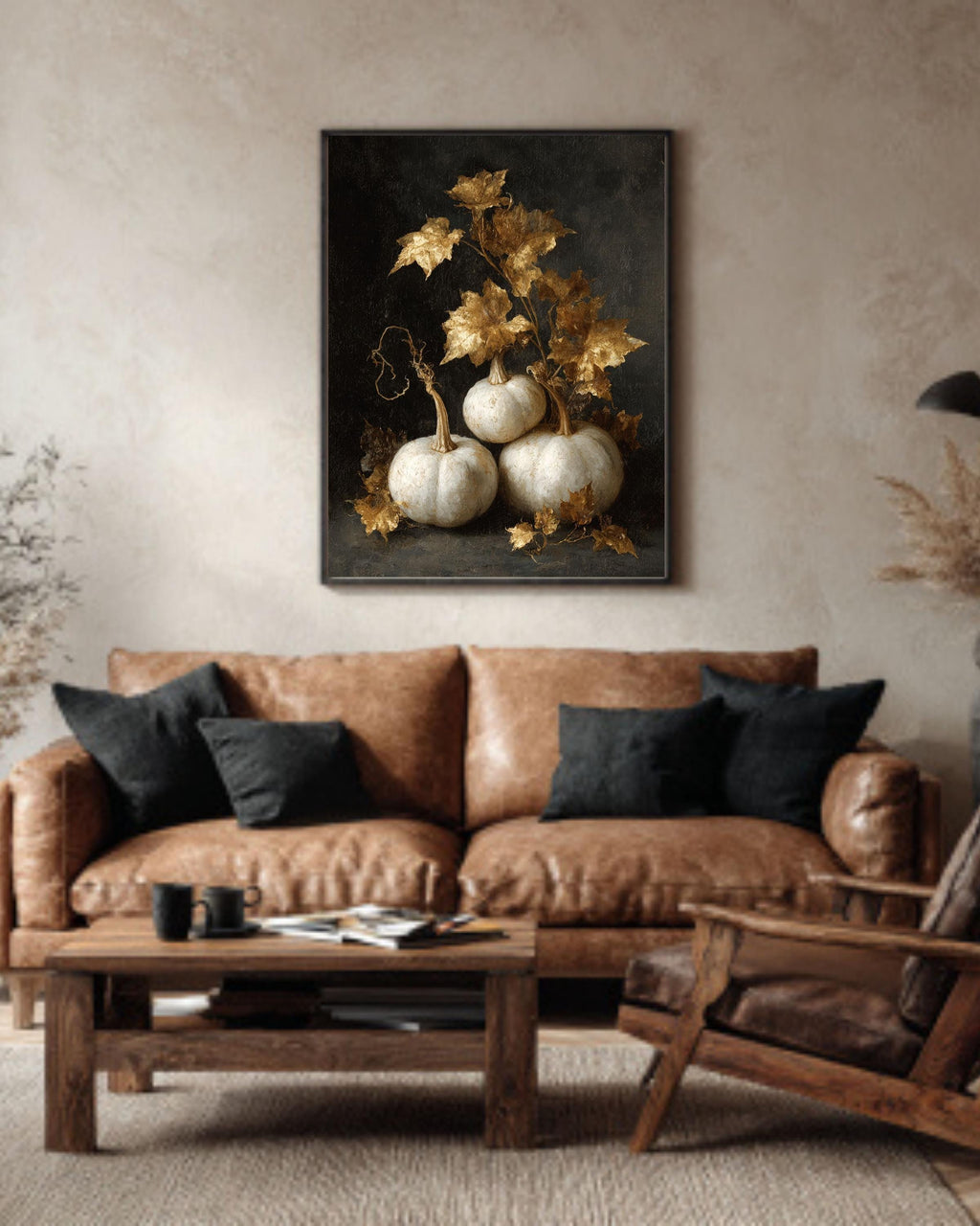 Vintage Pumpkin Painting Canvas, Neutral Fall Farmhouse Wall Art