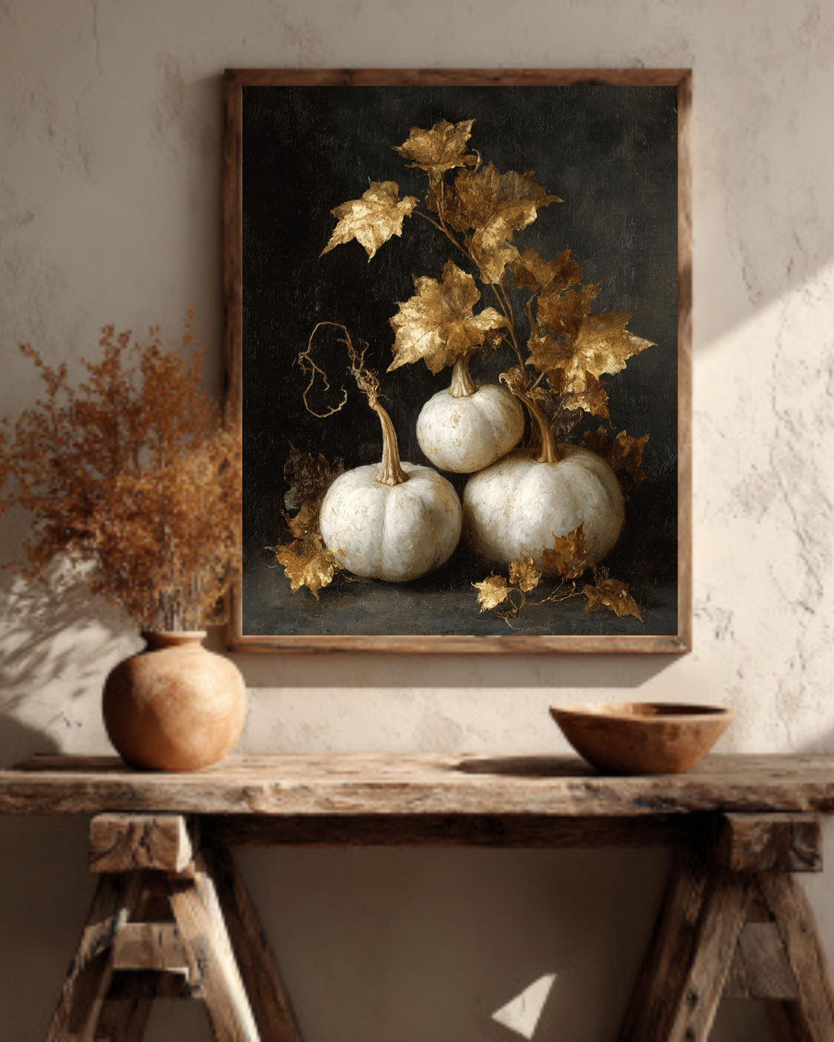 Vintage Pumpkin Painting Canvas, Neutral Fall Farmhouse Wall Art