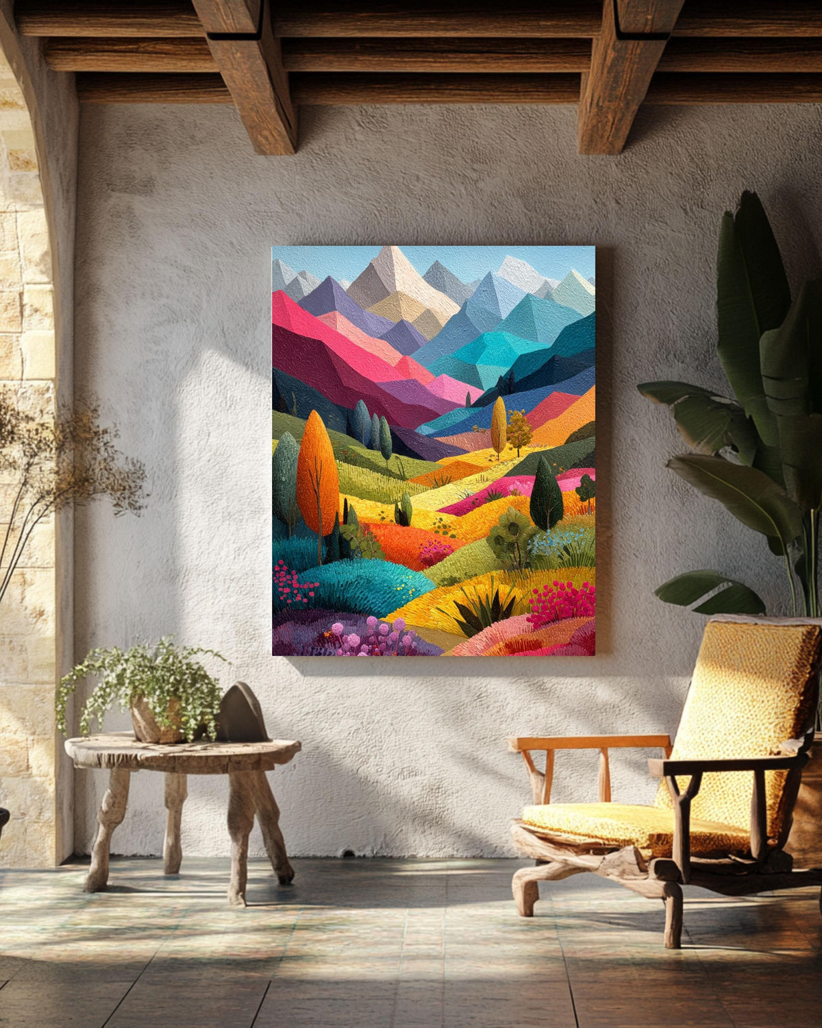 Abstract Mountain Canvas Art: Colorful Patchwork Landscape Painting