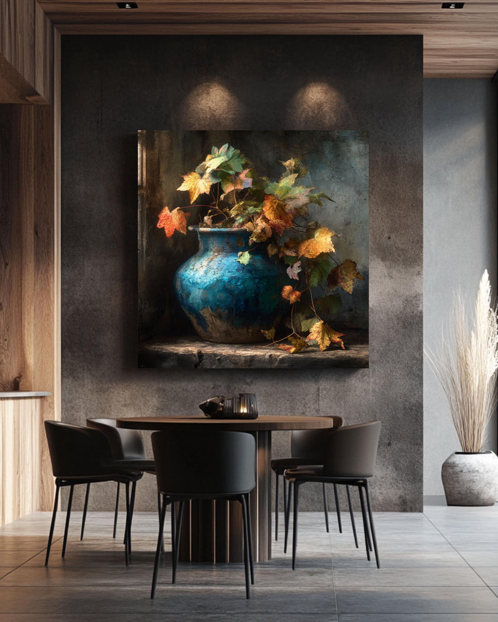 Autumn Leaves Vase Canvas: Moody Farmhouse Wall Art