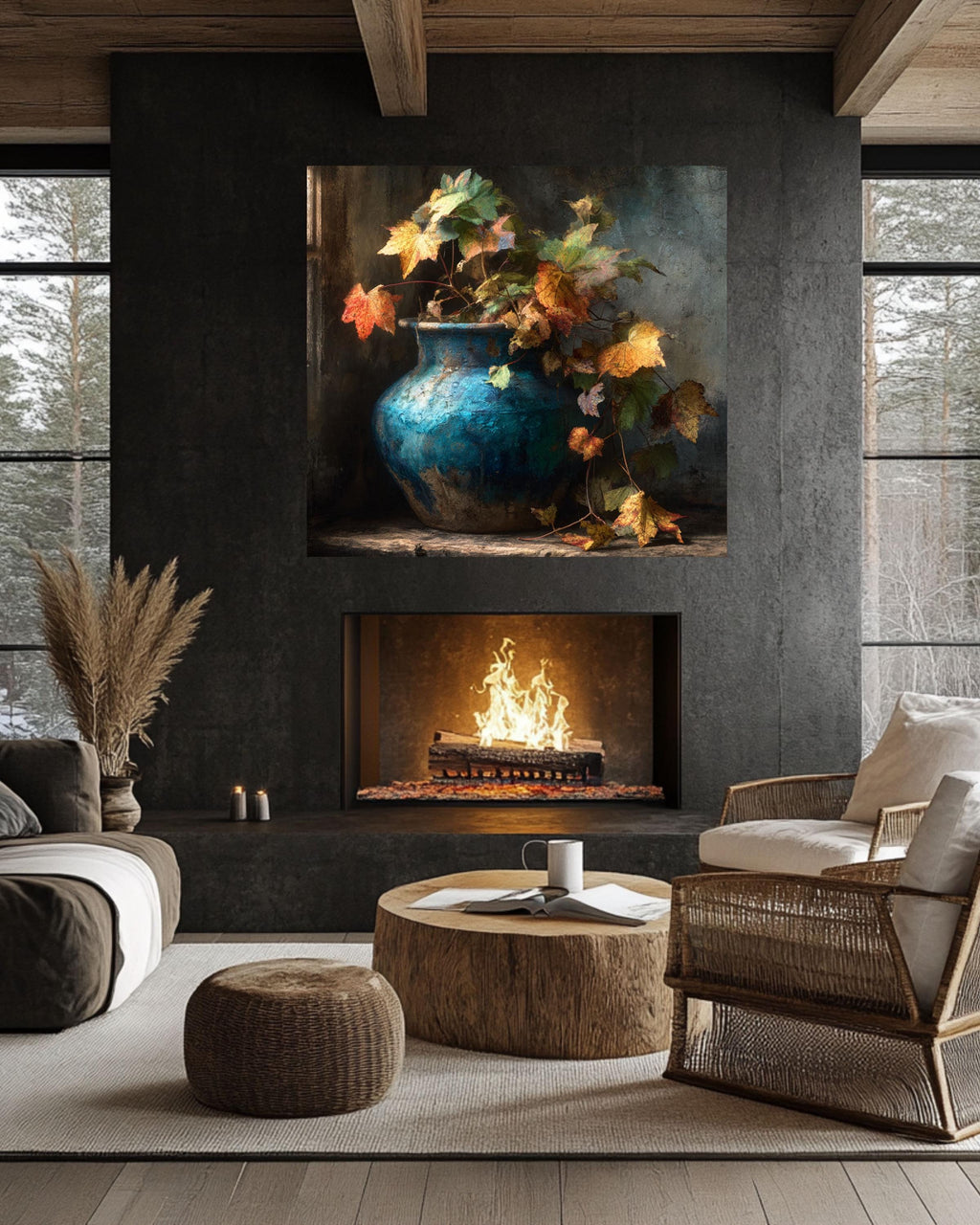 Autumn Leaves Vase Canvas: Moody Farmhouse Wall Art
