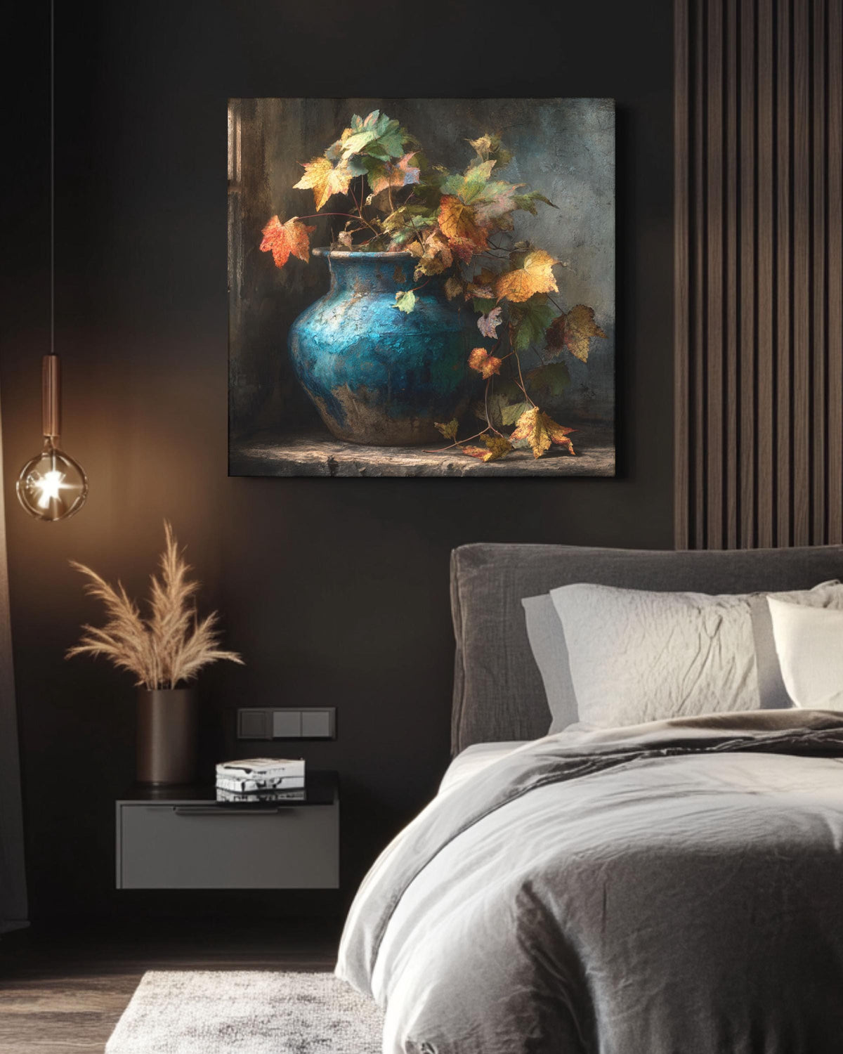 Autumn Leaves Vase Canvas: Moody Farmhouse Wall Art