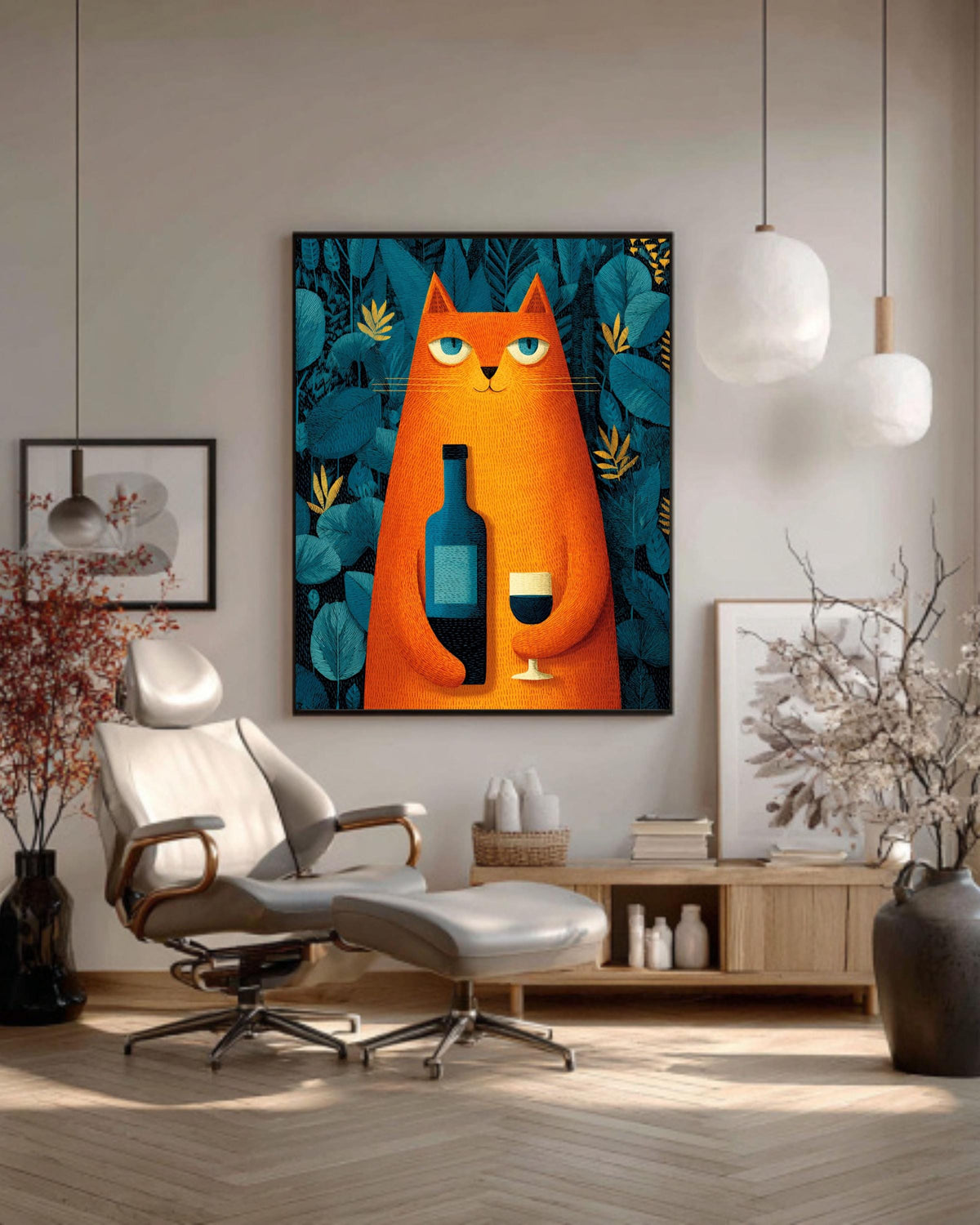 Cat with Wine Wall Art, Retro Bar Cart Poster, Quirky Animal Canvas, Funny Wine Lover Decor for Kitchen or Lounge