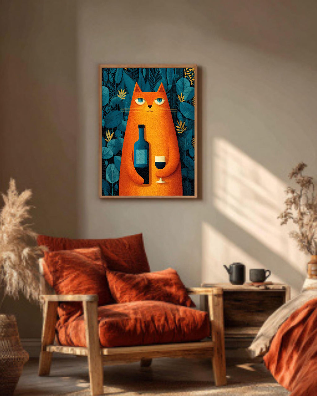 Cat with Wine Wall Art, Retro Bar Cart Poster, Quirky Animal Canvas, Funny Wine Lover Decor for Kitchen or Lounge