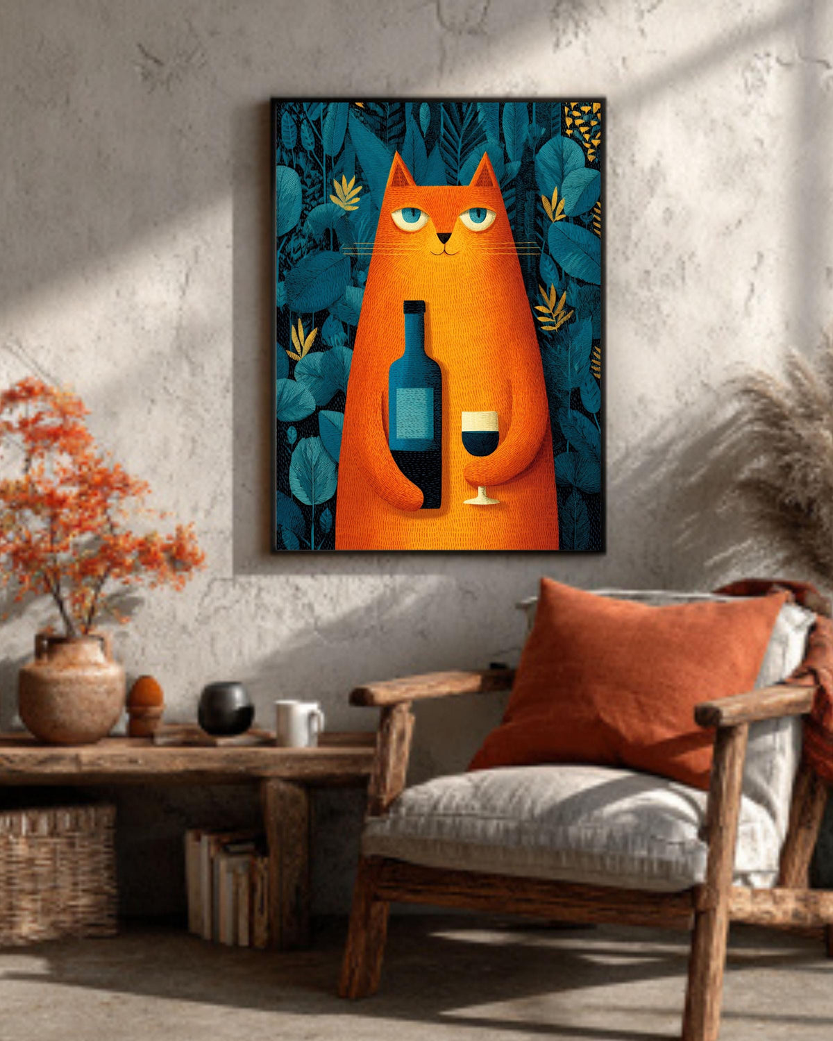Cat with Wine Wall Art, Retro Bar Cart Poster, Quirky Animal Canvas, Funny Wine Lover Decor for Kitchen or Lounge