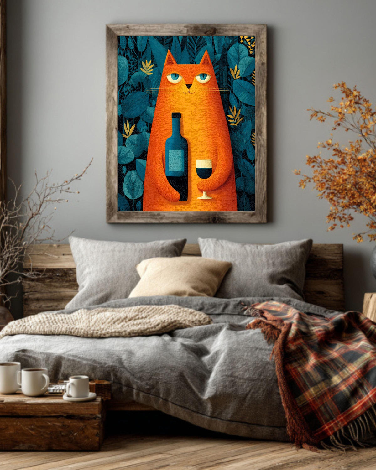 Cat with Wine Wall Art, Retro Bar Cart Poster, Quirky Animal Canvas, Funny Wine Lover Decor for Kitchen or Lounge