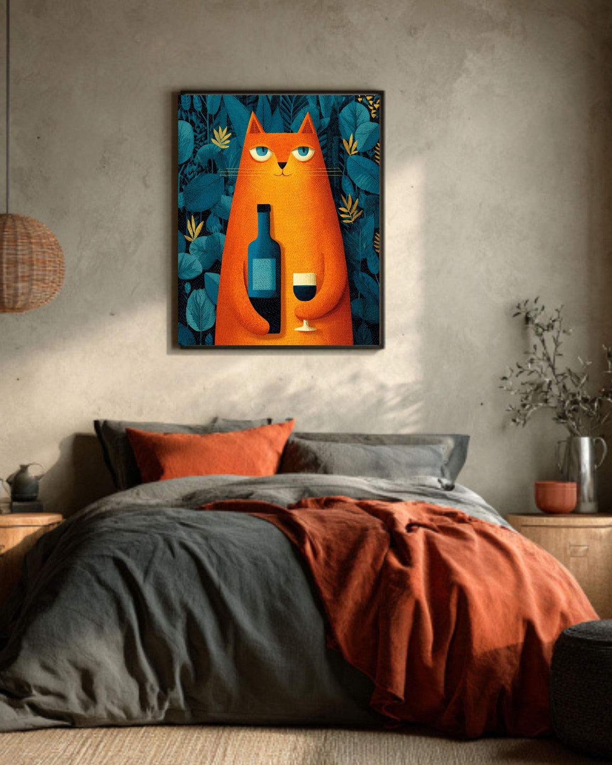 Cat with Wine Wall Art, Retro Bar Cart Poster, Quirky Animal Canvas, Funny Wine Lover Decor for Kitchen or Lounge