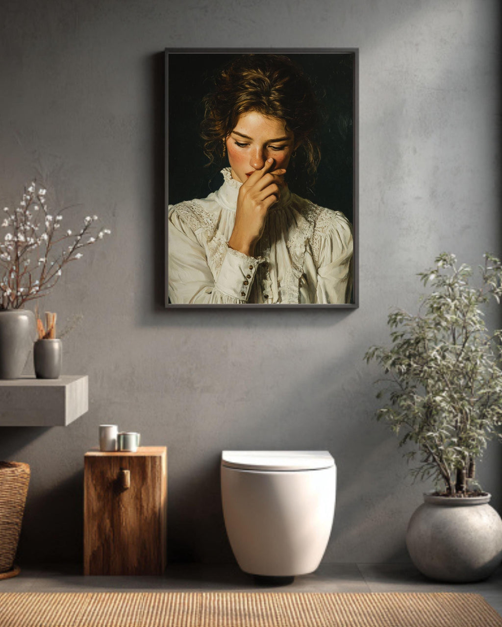 Funny Bathroom Canvas Art Print, Vintage Style Woman Portrait