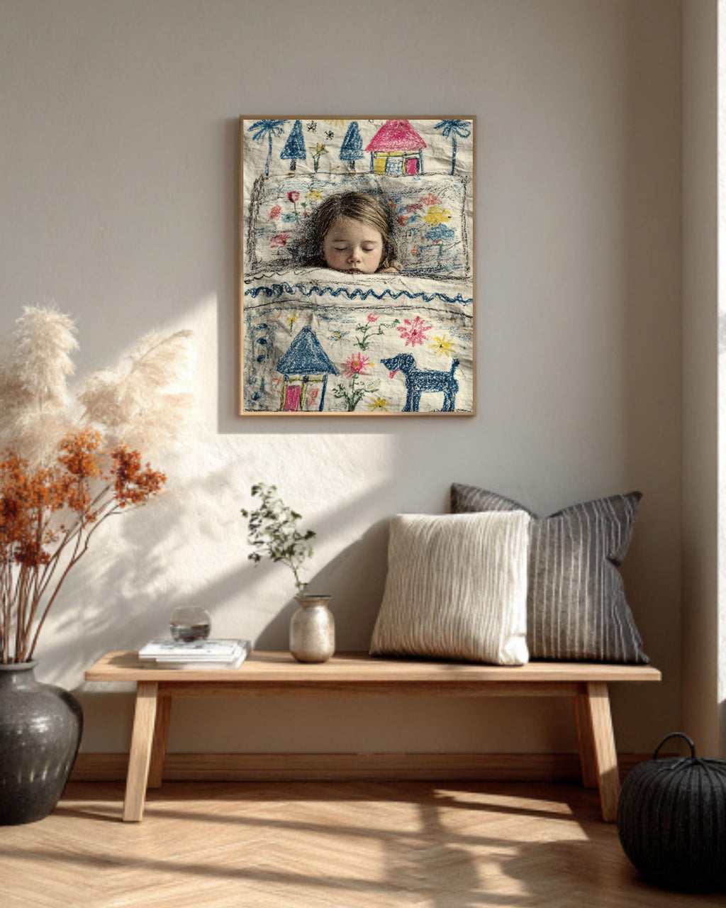Sleeping Girl Canvas Print: Childlike Whimsical Nursery Art