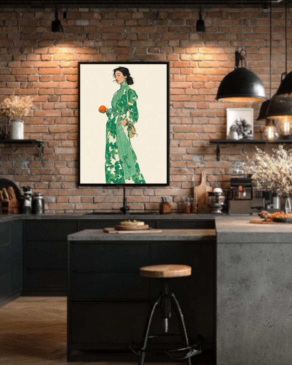 Green Leafy Dress Fashion Illustration Print - Contemporary Wall Decor