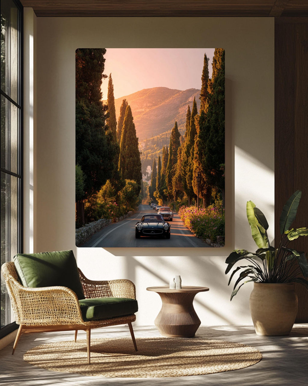 Vintage Mercedes Car Canvas Print, Sunset Road Trip Wall Art