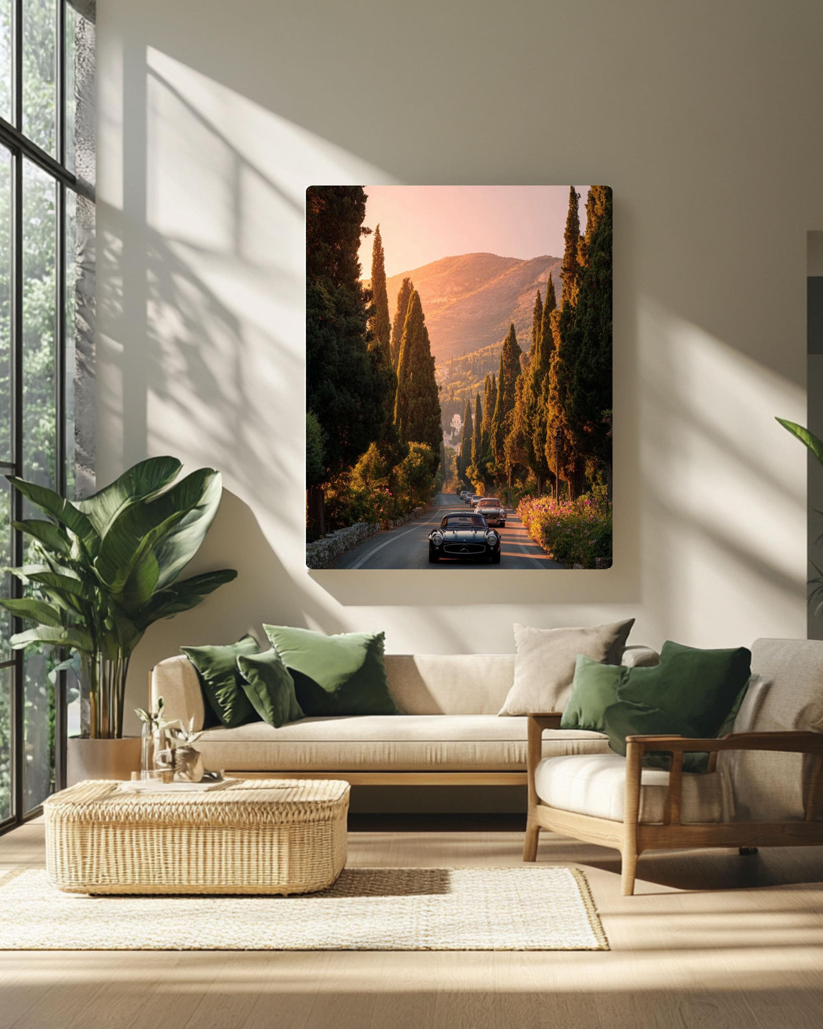 Vintage Mercedes Car Canvas Print, Sunset Road Trip Wall Art