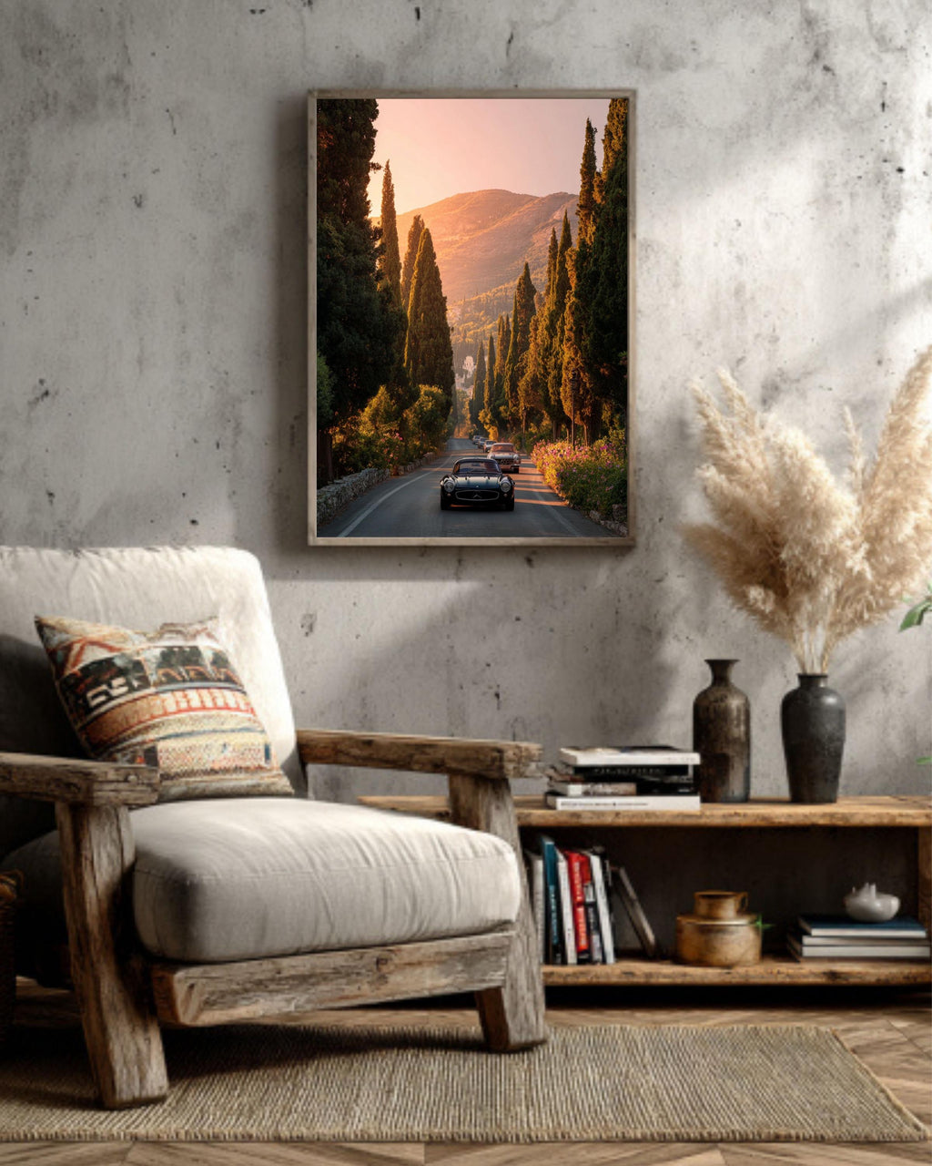 Vintage Mercedes Car Canvas Print, Sunset Road Trip Wall Art