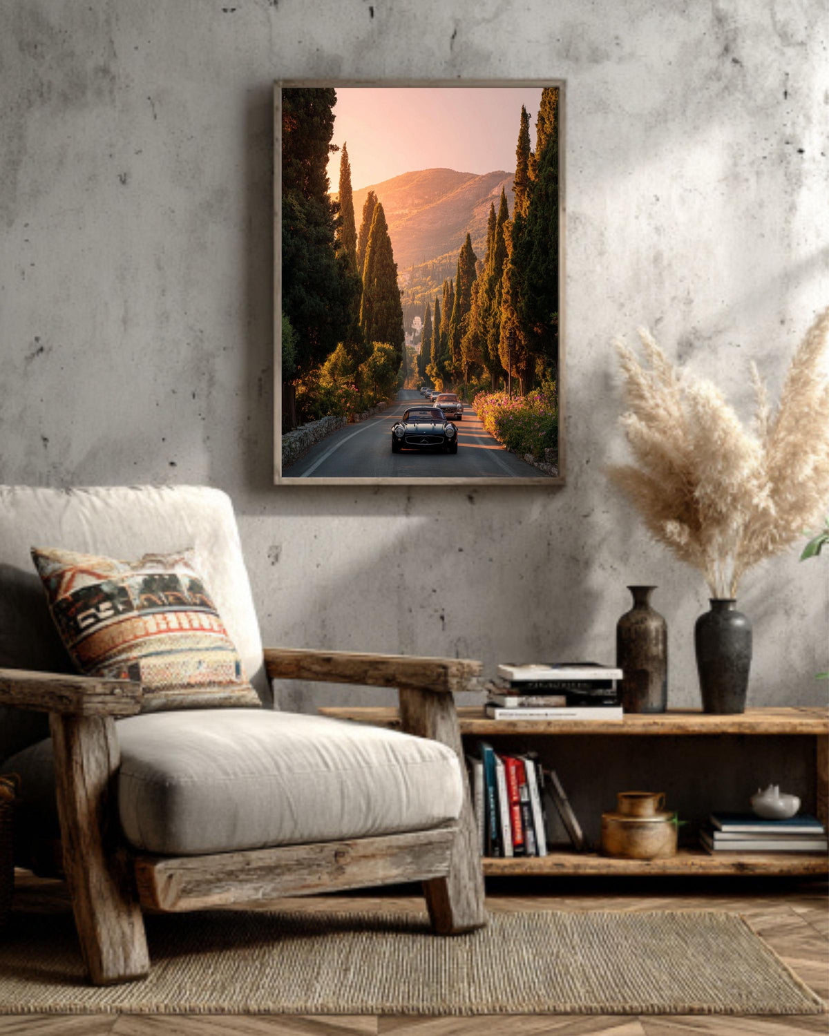 Vintage Mercedes Car Canvas Print, Sunset Road Trip Wall Art