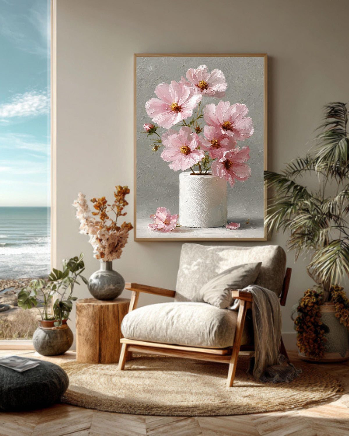 Pink Cosmos Flower Art Print: Whimsical Still Life Painting