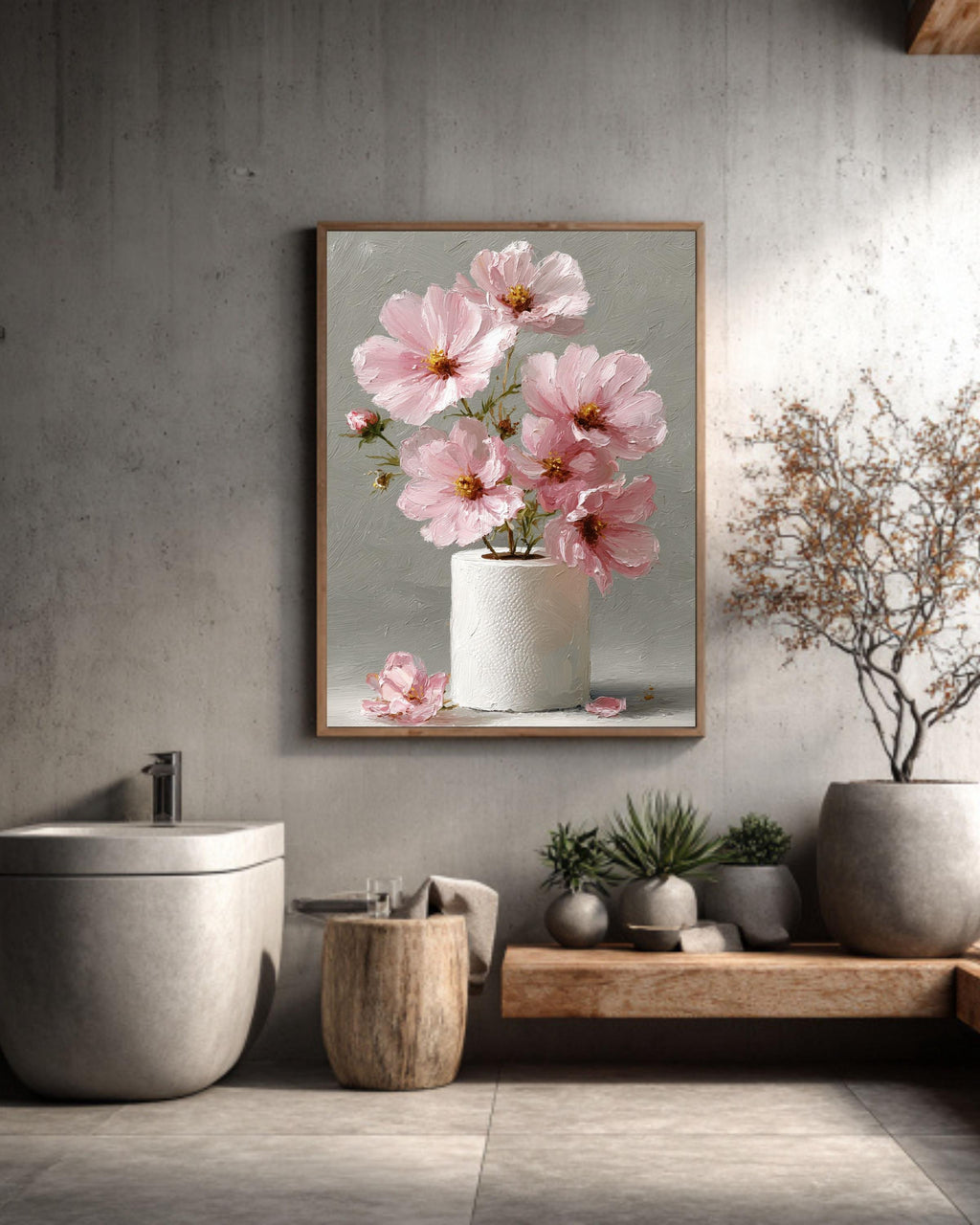 Pink Cosmos Flower Art Print: Whimsical Still Life Painting