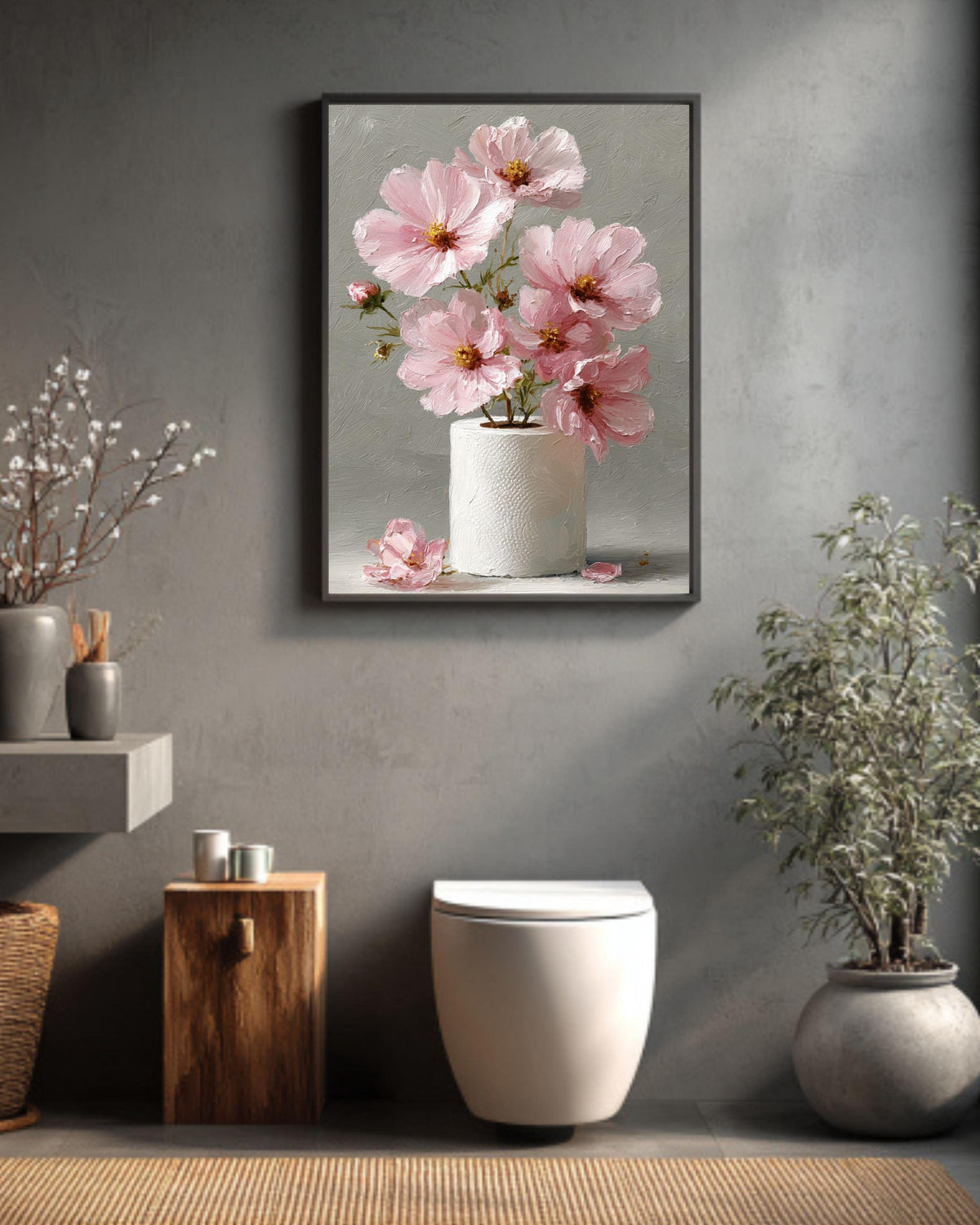 Pink Cosmos Flower Art Print: Whimsical Still Life Painting