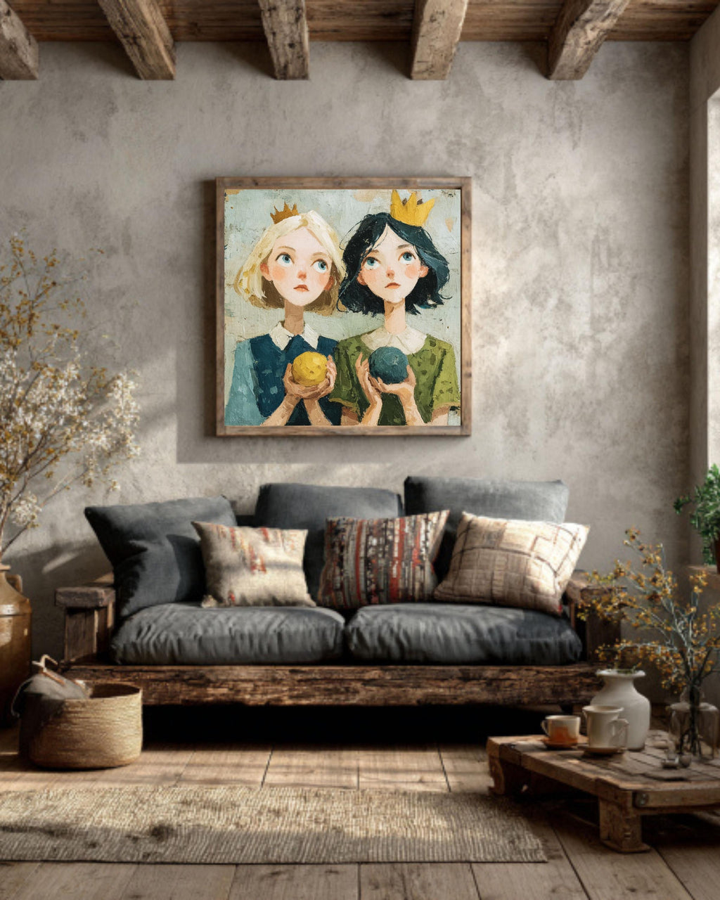 Whimsical Girls with Crowns Canvas Art: Fairy Tale Illustration