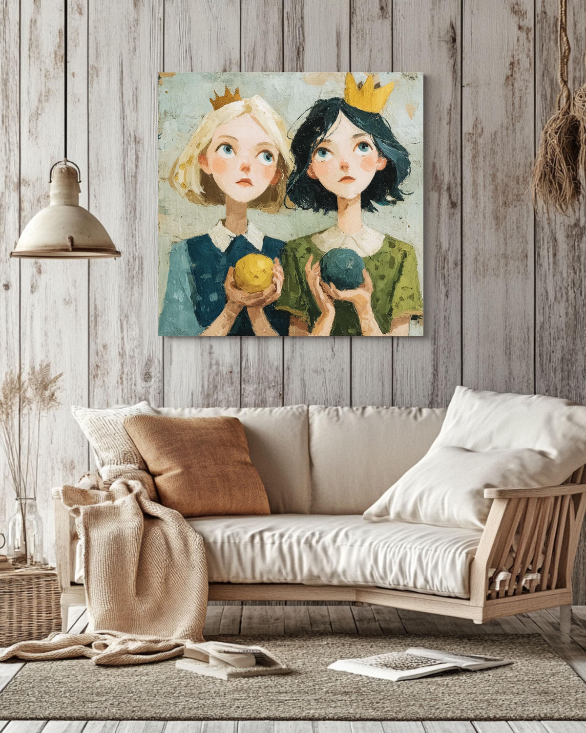 Whimsical Girls with Crowns Canvas Art: Fairy Tale Illustration