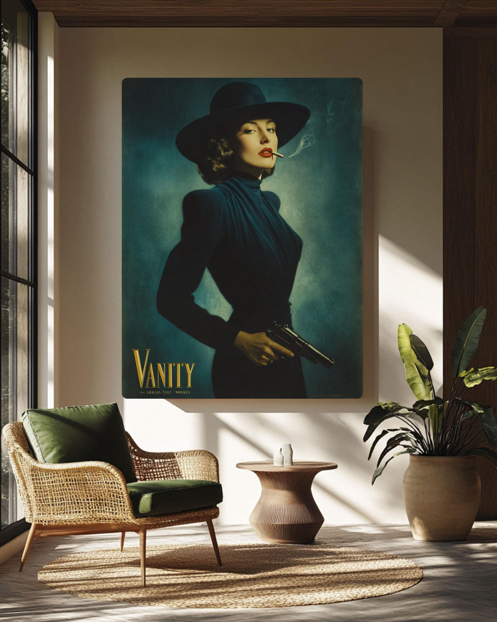 Film Noir Canvas Art: Femme Fatale with Gun, Retro Glamour Decor