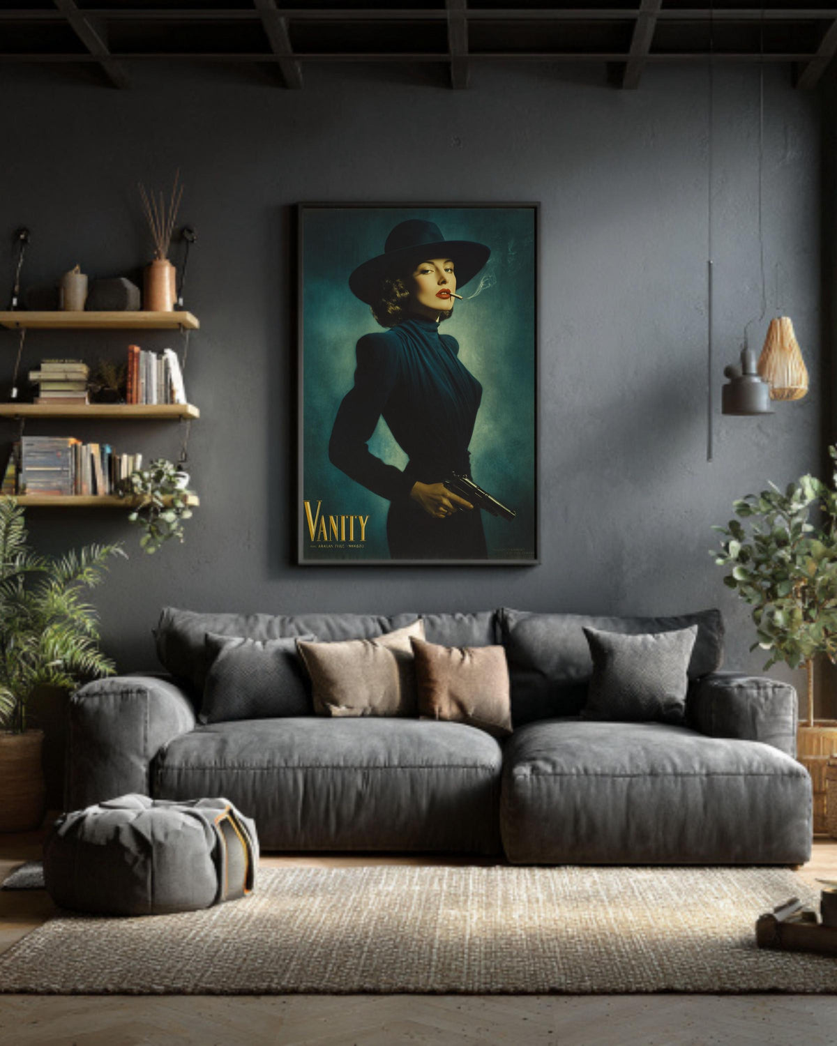 Film Noir Canvas Art: Femme Fatale with Gun, Retro Glamour Decor
