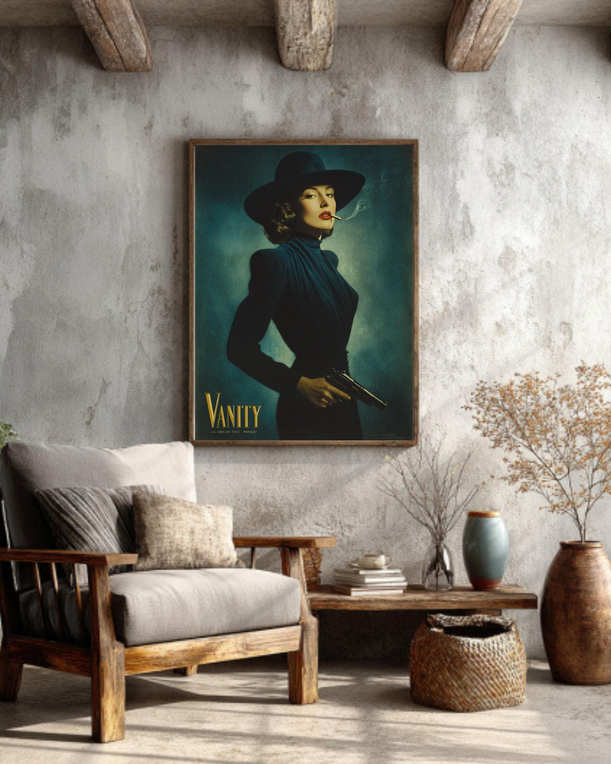 Film Noir Canvas Art: Femme Fatale with Gun, Retro Glamour Decor