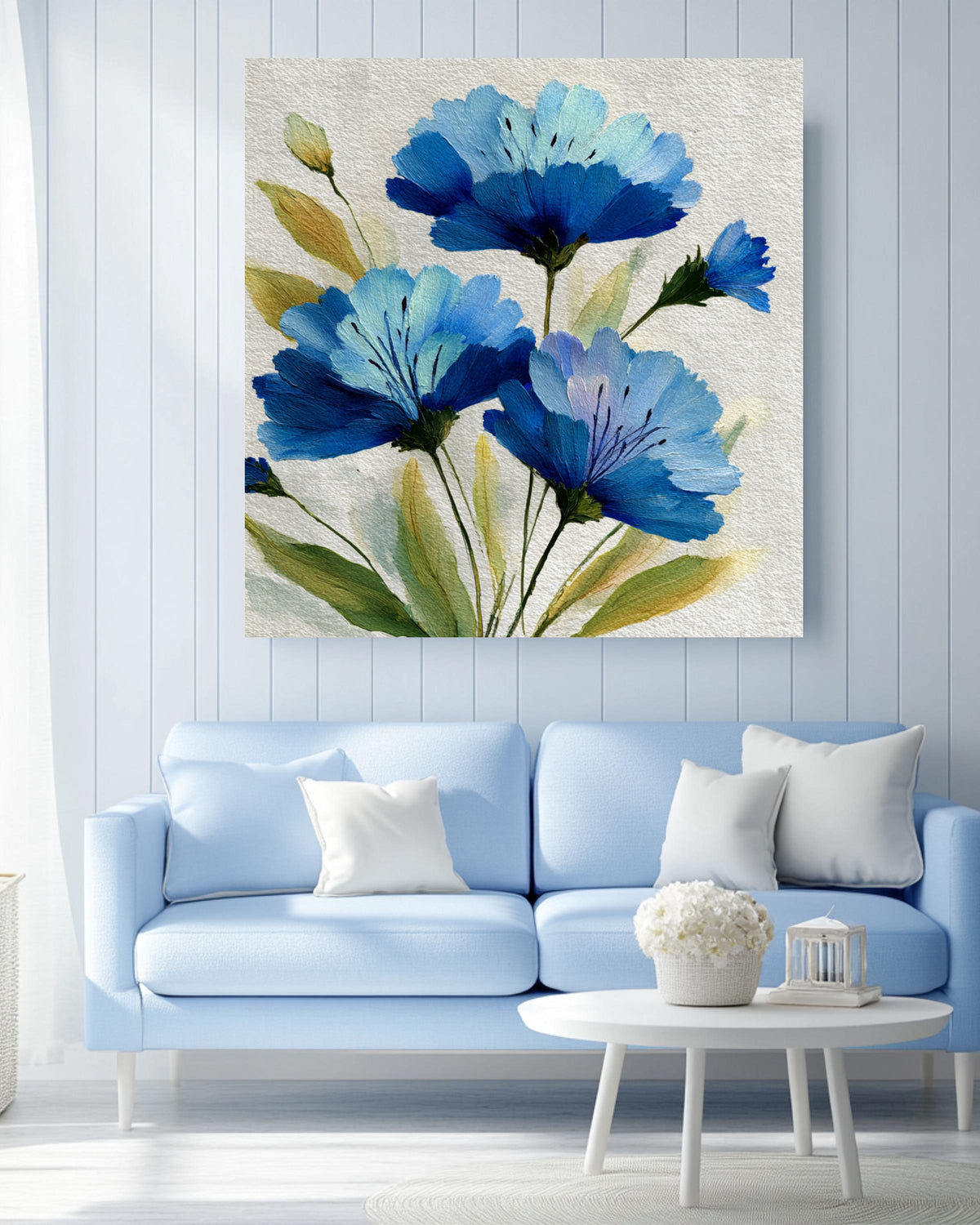 Blue Floral Canvas Print: Impressionistic Wildflower Botanical Wall Art