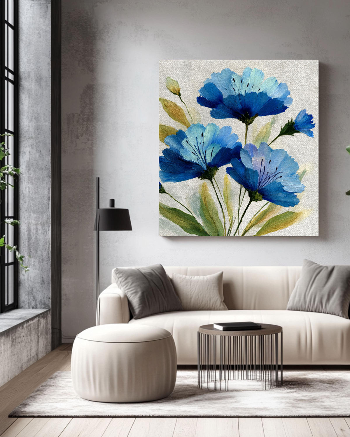 Blue Floral Canvas Print: Impressionistic Wildflower Botanical Wall Art