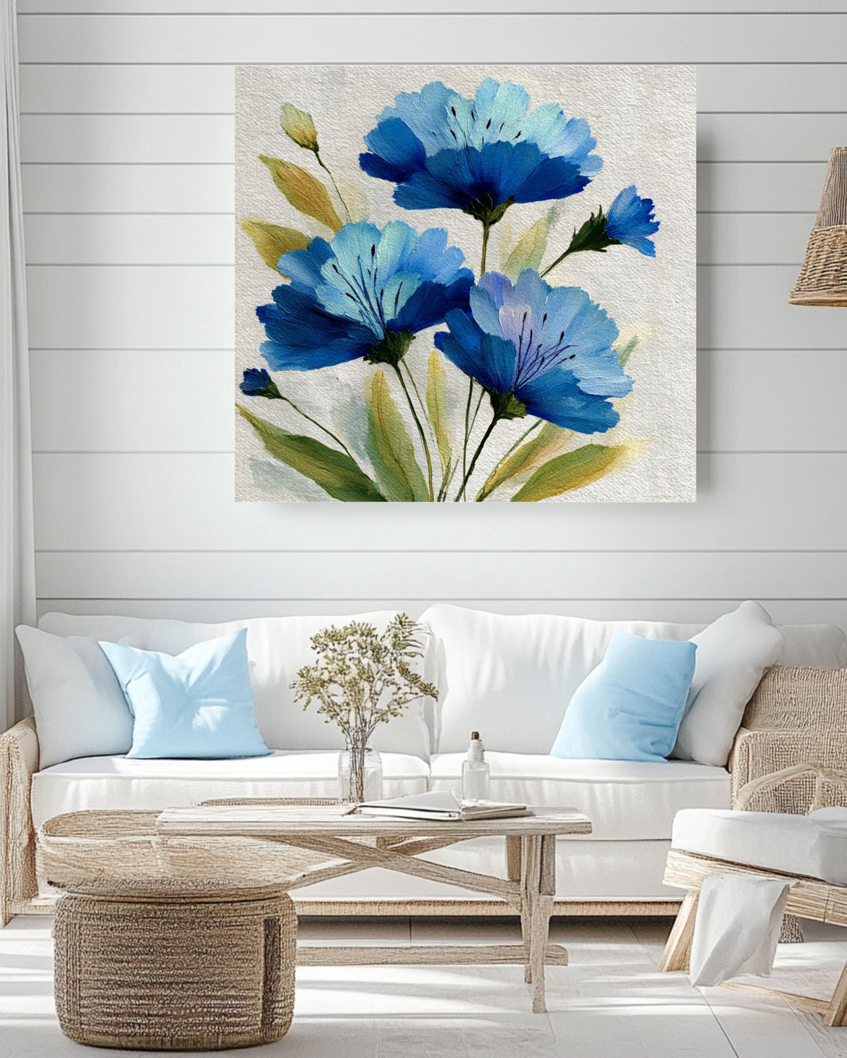 Blue Floral Canvas Print: Impressionistic Wildflower Botanical Wall Art