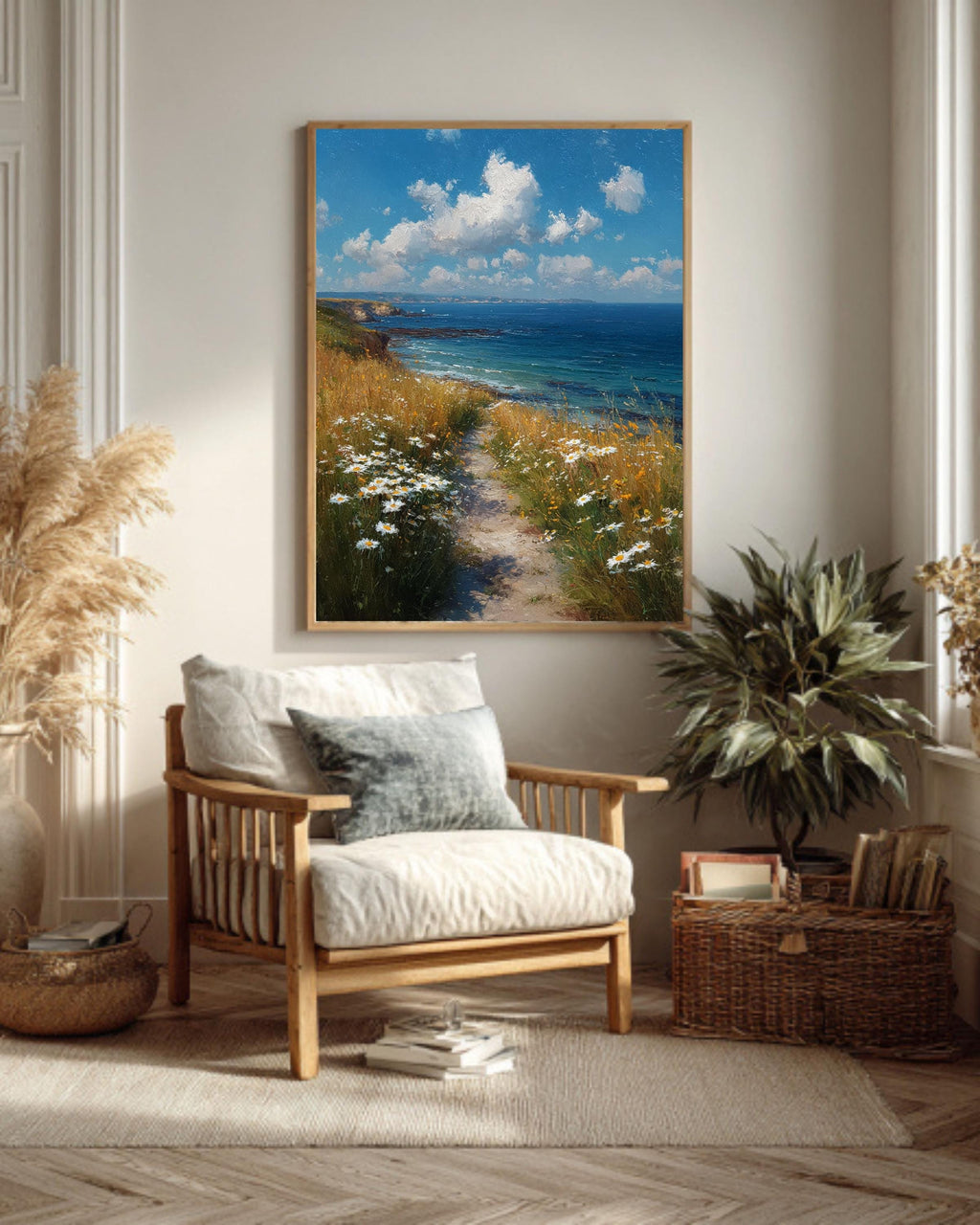 Coastal Path Canvas Art Print: Serene Ocean & Daisy Landscape