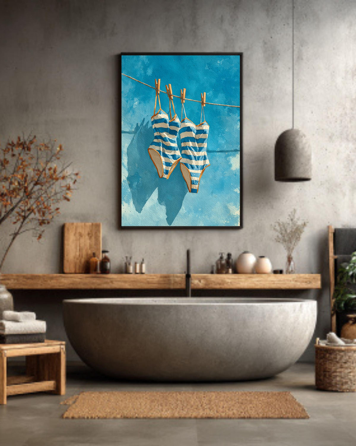 Blue Striped Swimsuits Art: Coastal Watercolor Painting