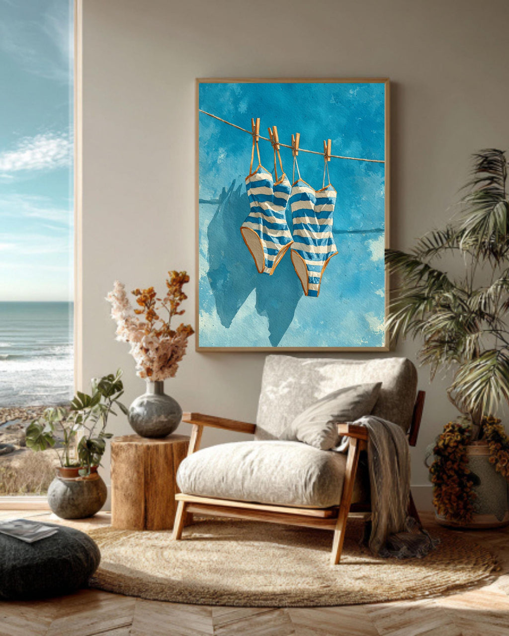 Blue Striped Swimsuits Art: Coastal Watercolor Painting