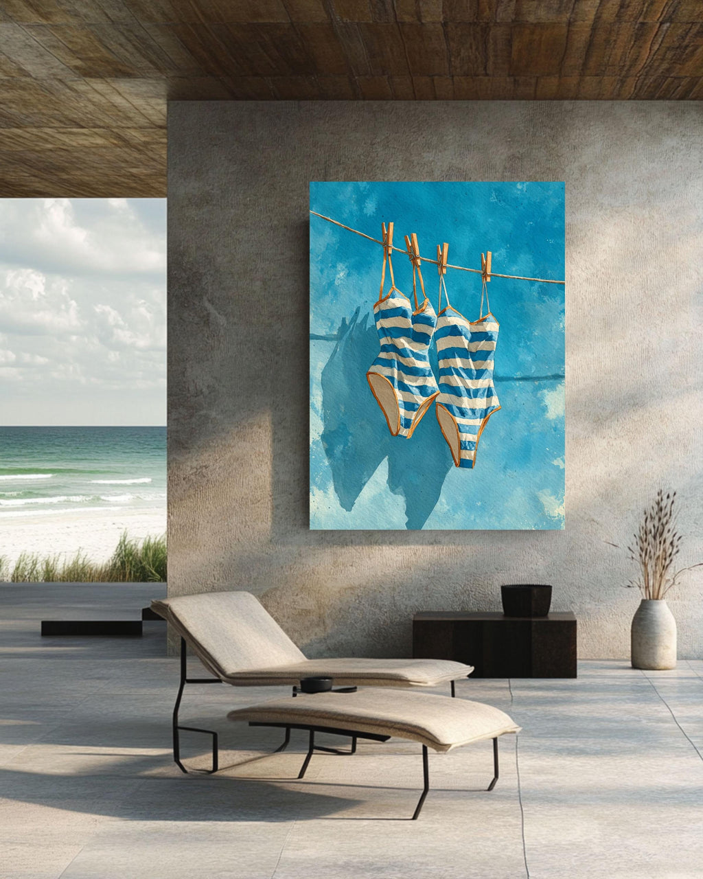 Blue Striped Swimsuits Art: Coastal Watercolor Painting