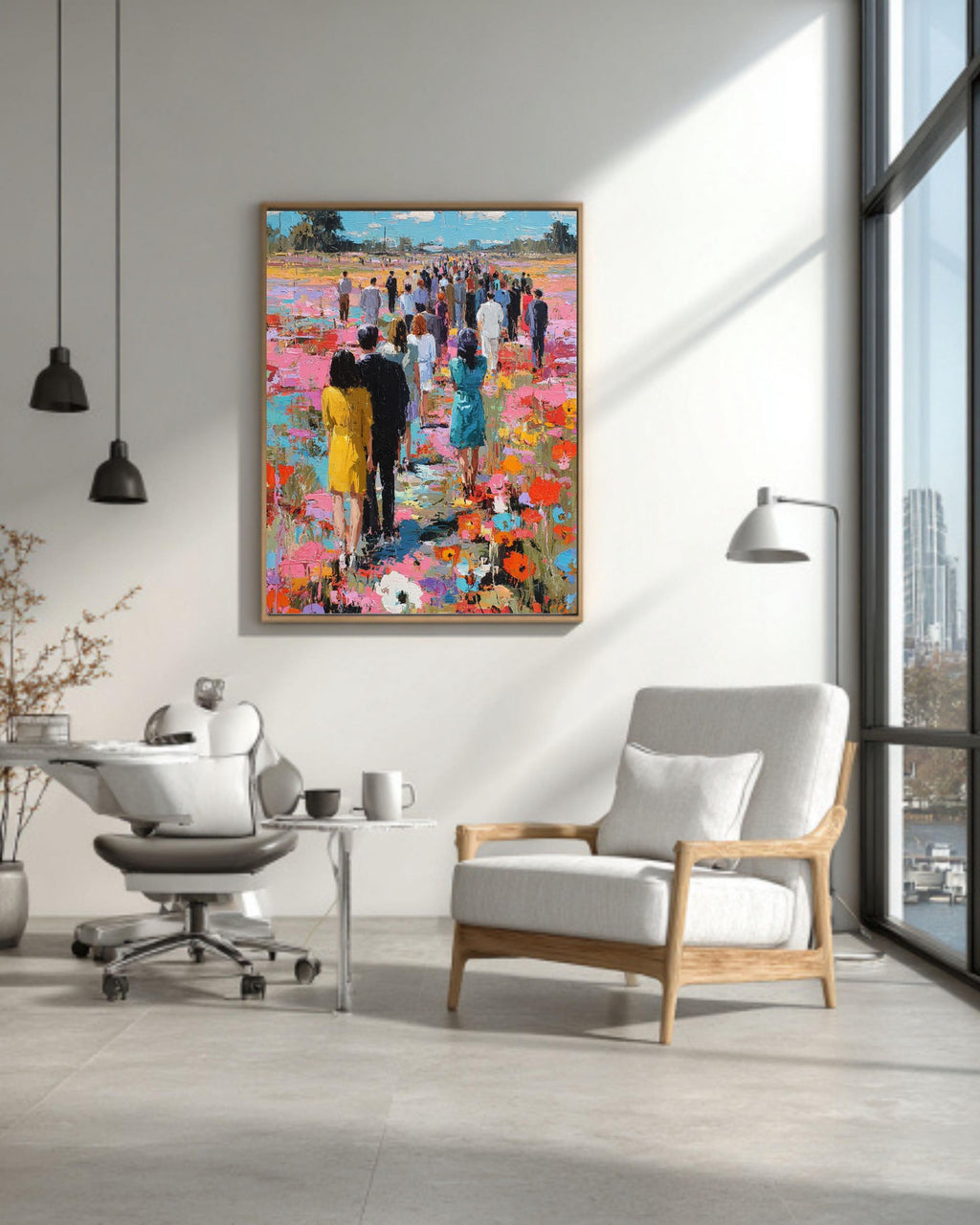 Impressionist People Art Print: Textured Floral Landscape, Vibrant Crowd