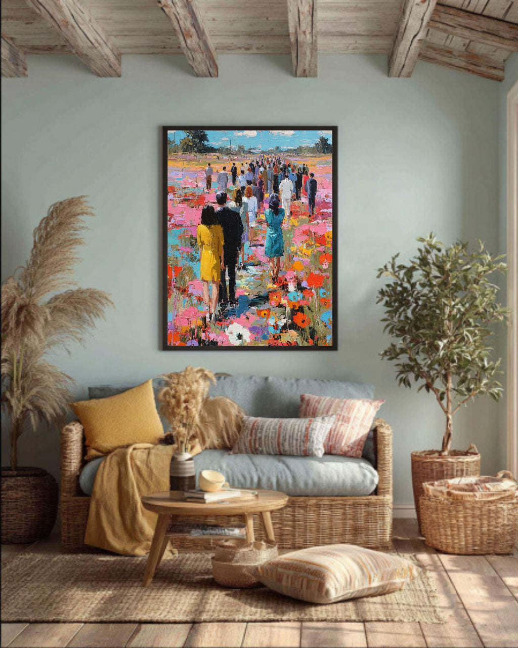 Impressionist People Art Print: Textured Floral Landscape, Vibrant Crowd