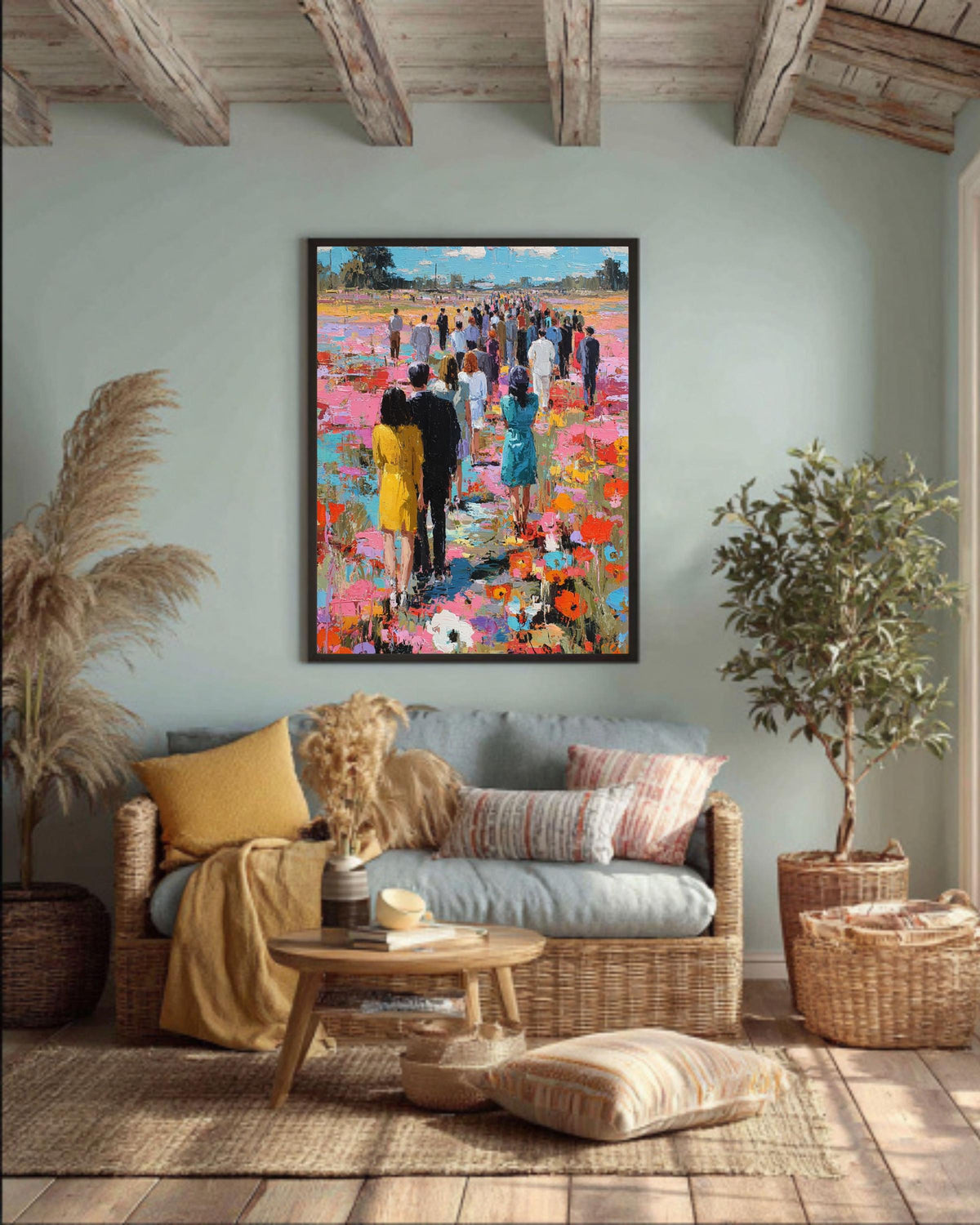 Impressionist People Art Print: Textured Floral Landscape, Vibrant Crowd