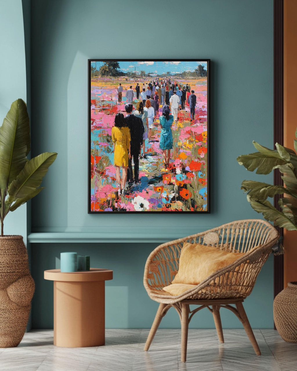 Impressionist People Art Print: Textured Floral Landscape, Vibrant Crowd